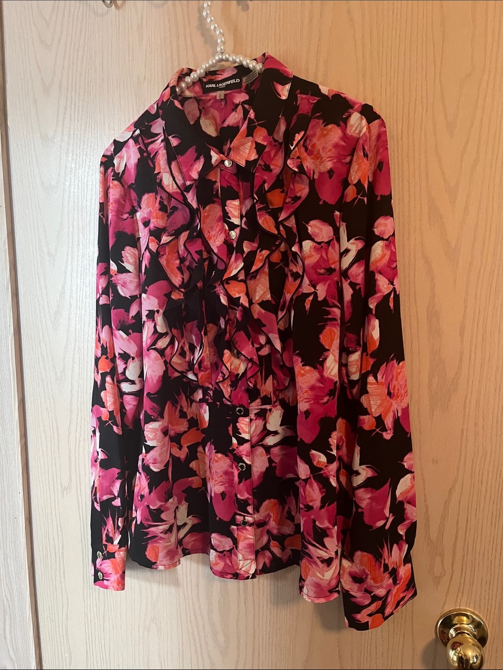 Karl Lagerfeld Black Blouse with Pink & Coral Floral Print